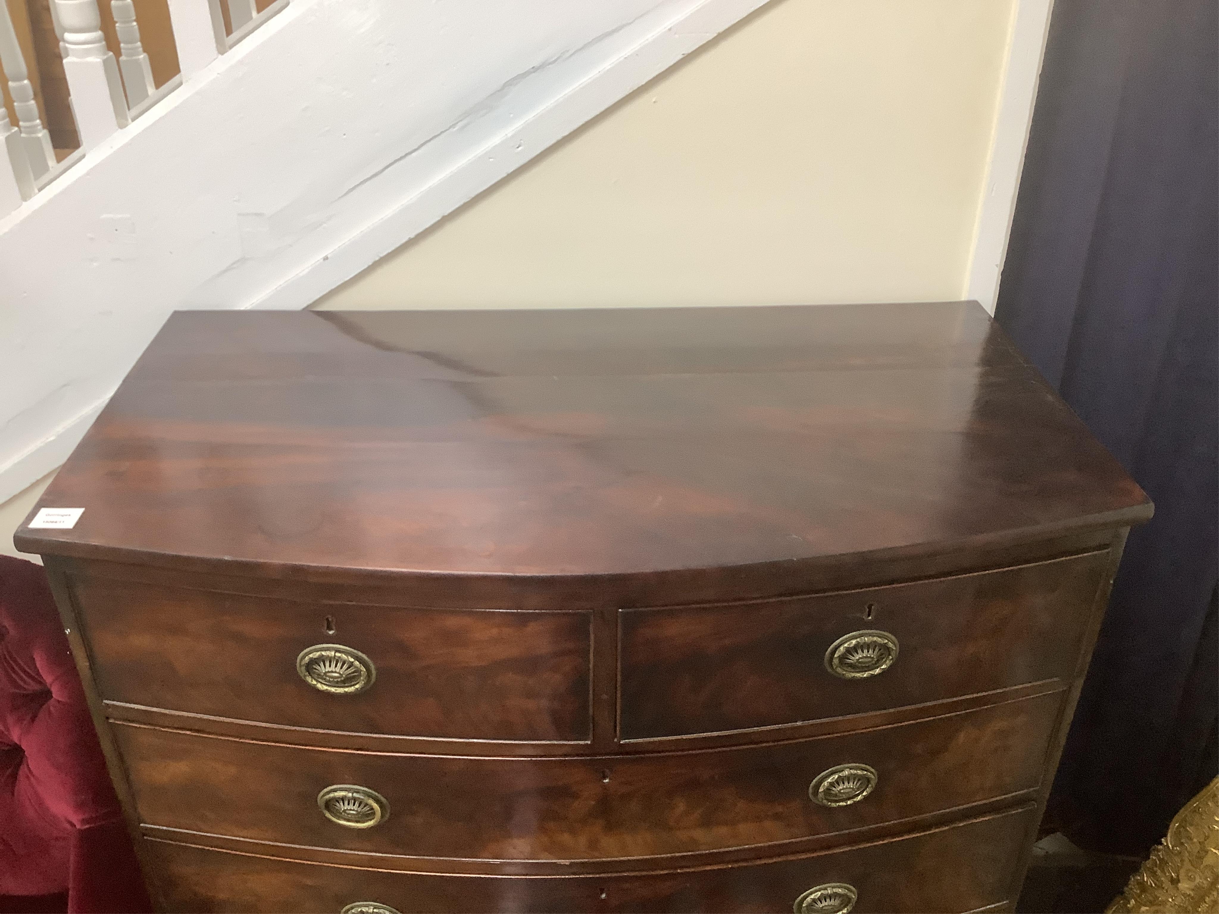 A Regency mahogany bowfront chest, width 107cm, depth 58cm, height 118cm. Condition - fair